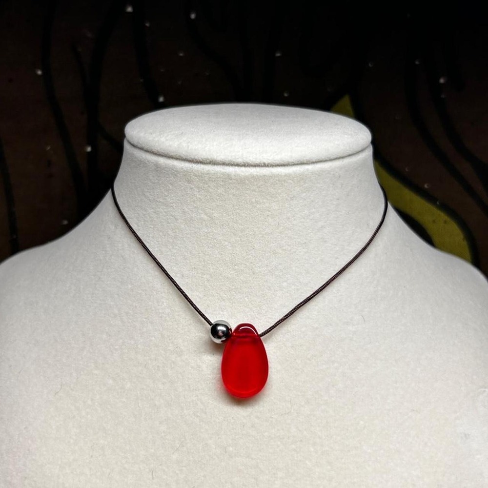 Red czech glass boho chic cord necklace adjustable indie grunge dainty earthy